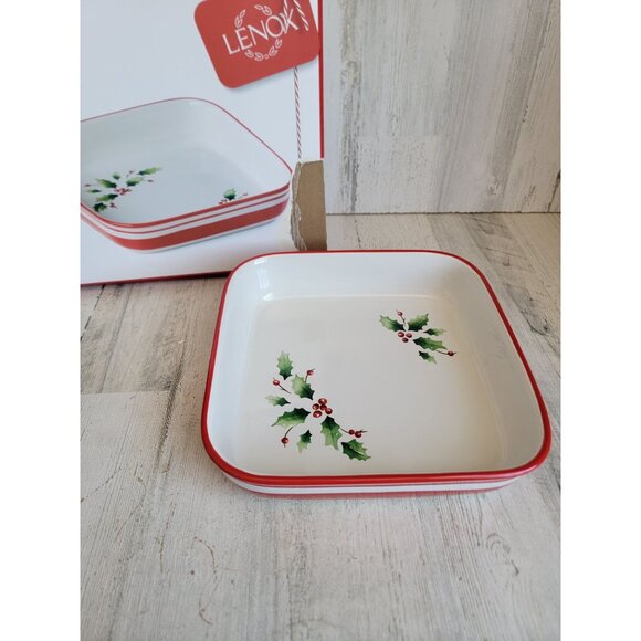 Lenox NEW holiday platter tray mistletoe serving Xmas square decor red green - Picture 1 of 11